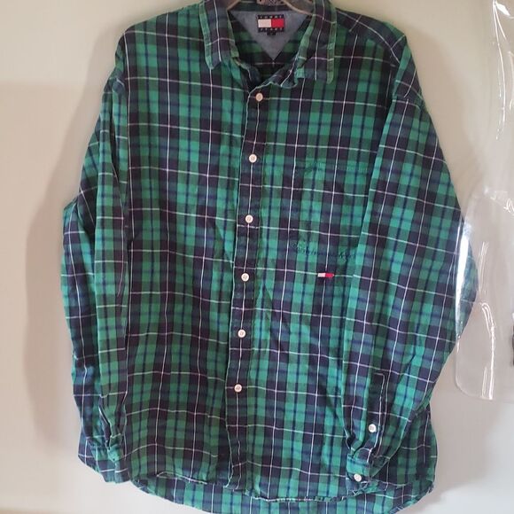 VTG Tommy Hilfiger Men’s XL Green Plaid Classic Button‑Down Shirt | Retro Y2K - Picture 1 of 4